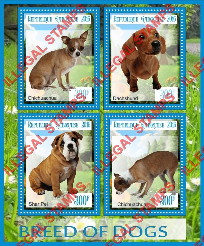 Gabon 2016 Dogs (different a) Illegal Stamp Souvenir Sheet of 4 Gabon 2016 Dogs (different a) Illegal Stamp Souvenir Sheet of 4