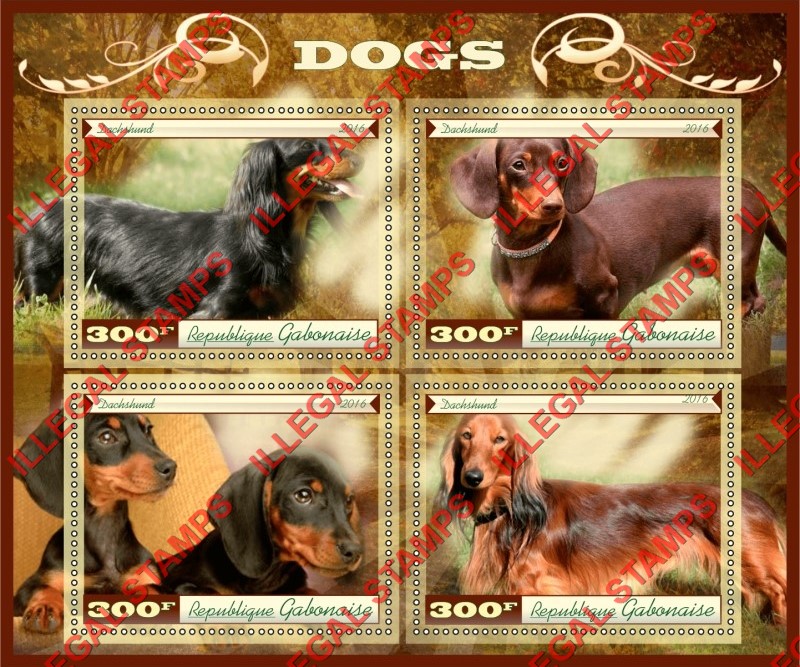 Gabon 2016 Dogs Dachshund (different b) Illegal Stamp Souvenir Sheet of 4 Gabon 2016 Dogs Dachshund (different b) Illegal Stamp Souvenir Sheet of 4