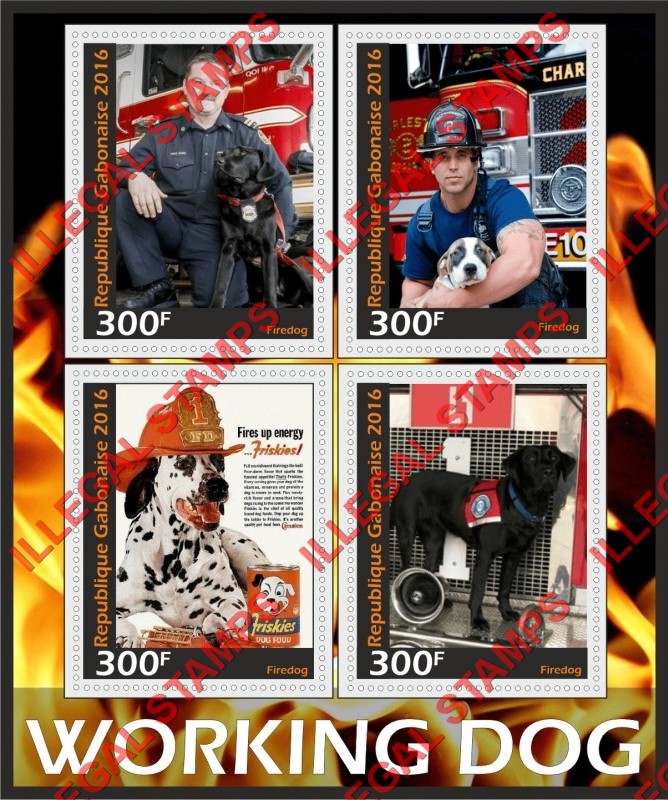 Gabon 2016 Dogs Working Firedog (different d) Illegal Stamp Souvenir Sheet of 4 Gabon 2016 Dogs Working Firedog (different d) Illegal Stamp Souvenir Sheet of 4