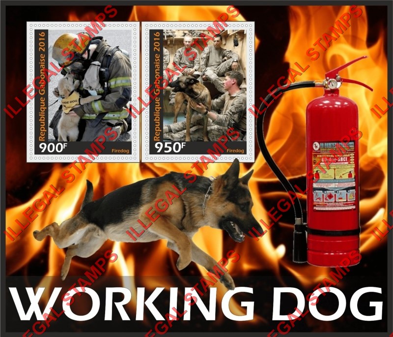 Gabon 2016 Dogs Working Firedog (different d) Illegal Stamp Souvenir Sheet of 2 Gabon 2016 Dogs Working Firedog (different d) Illegal Stamp Souvenir Sheet of 2