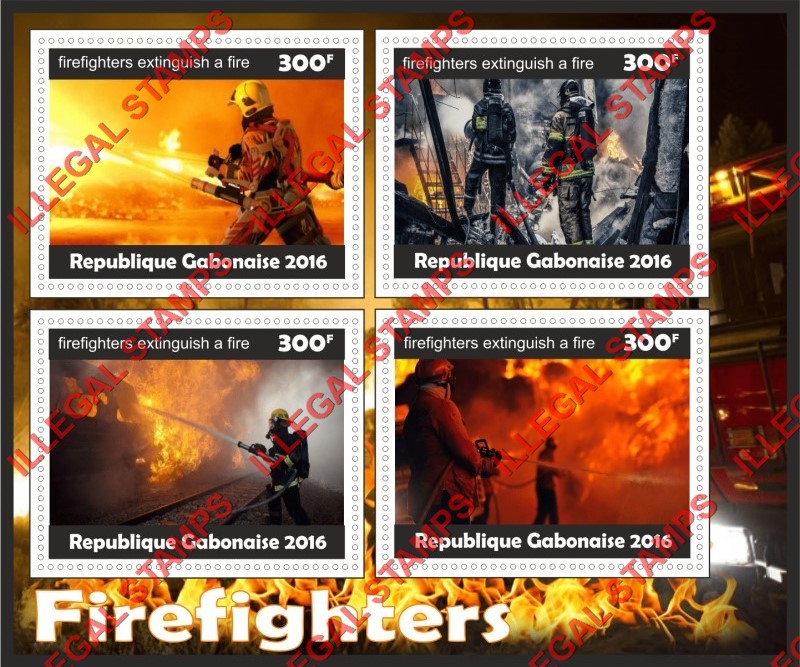 Gabon 2016 Firefighters Illegal Stamp Souvenir Sheet of 4 Gabon 2016 Firefighters Illegal Stamp Souvenir Sheet of 4