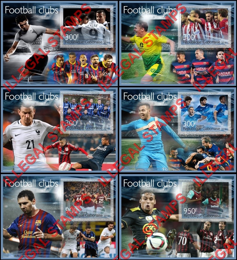 Gabon 2016 Football Clubs Soccer Illegal Stamp Souvenir Sheets of 1 Gabon 2016 Football Clubs Soccer Illegal Stamp Souvenir Sheets of 1