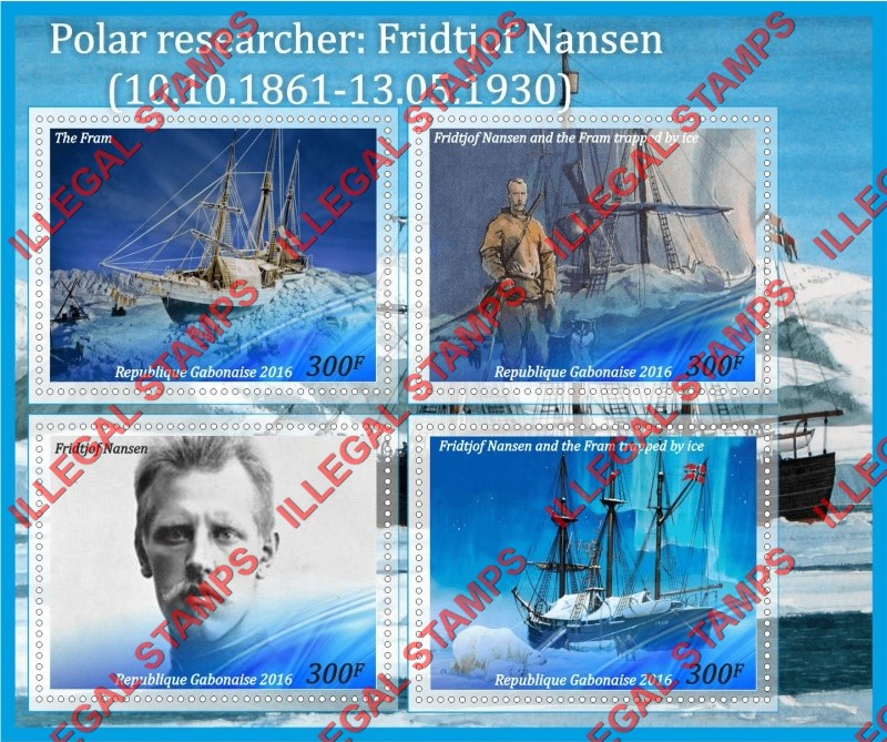 Gabon 2016 Fridtjof Nansen Polar Researcher Illegal Stamp Souvenir Sheet of 4 Gabon 2016 Fridtjof Nansen Polar Researcher Illegal Stamp Souvenir Sheet of 4