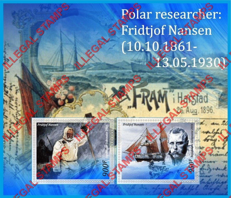 Gabon 2016 Fridtjof Nansen Polar Researcher Illegal Stamp Souvenir Sheet of 2 Gabon 2016 Fridtjof Nansen Polar Researcher Illegal Stamp Souvenir Sheet of 2