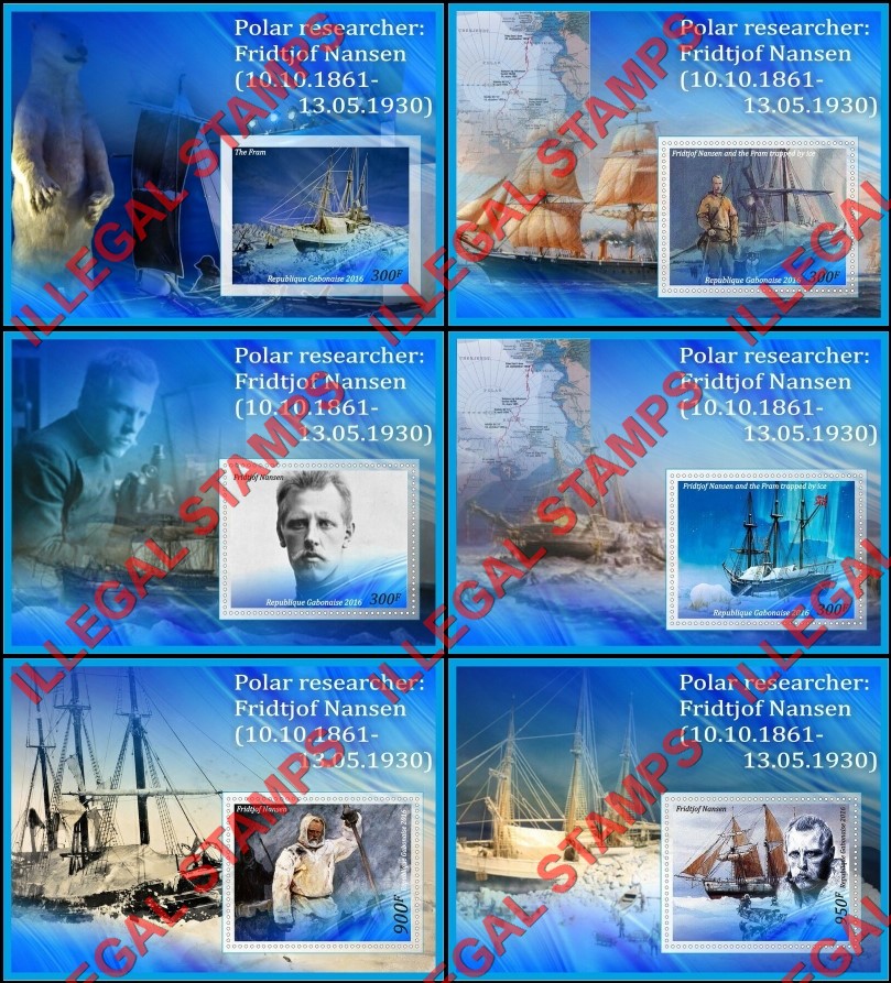 Gabon 2016 Fridtjof Nansen Polar Researcher Illegal Stamp Souvenir Sheets of 1 Gabon 2016 Fridtjof Nansen Polar Researcher Illegal Stamp Souvenir Sheets of 1