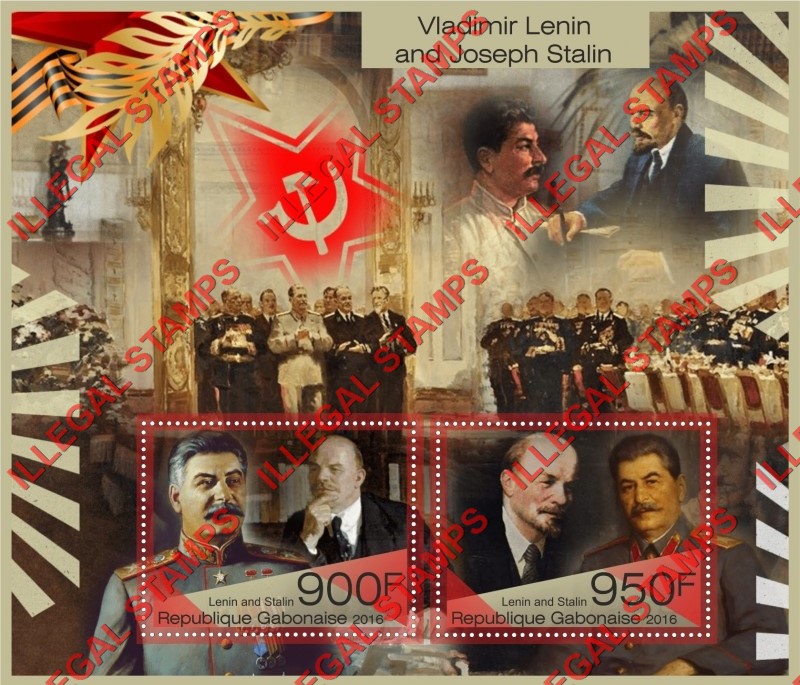 Gabon 2016 Vladimir Lenin and Joseph Stalin Illegal Stamp Souvenir Sheet of 2 Gabon 2016 Vladimir Lenin and Joseph Stalin Illegal Stamp Souvenir Sheet of 2