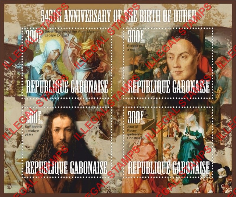 Gabon 2016 Paintings by Durer Illegal Stamp Souvenir Sheet of 4 Gabon 2016 Paintings by Durer Illegal Stamp Souvenir Sheet of 4