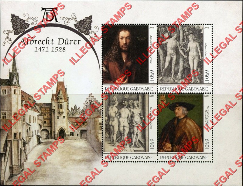 Gabon 2016 Paintings by Durer Illegal Stamp Souvenir Sheet of 4 Gabon 2016 Paintings by Durer Illegal Stamp Souvenir Sheet of 4