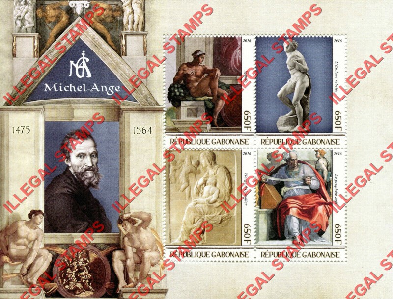Gabon 2016 Paintings by Michelangelo Illegal Stamp Souvenir Sheet of 4 Gabon 2016 Paintings by Michelangelo Illegal Stamp Souvenir Sheet of 4
