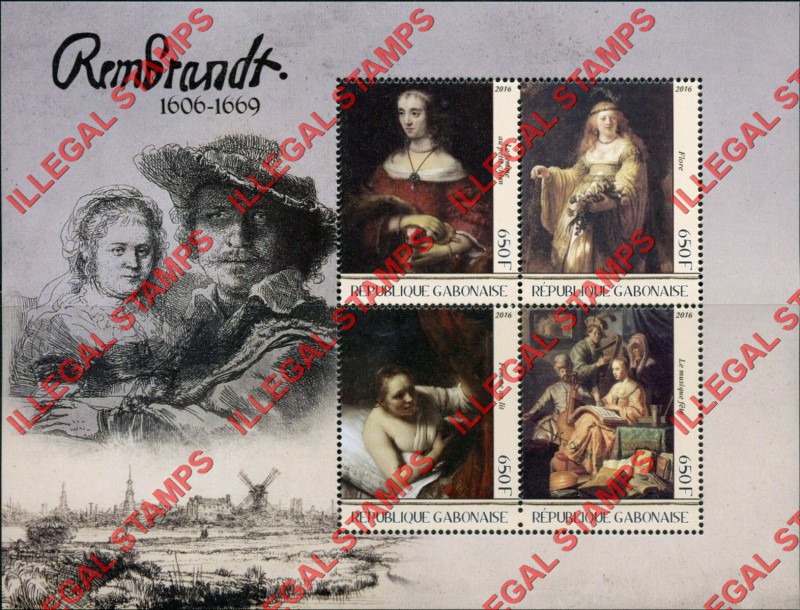 Gabon 2016 Paintings by Rembrandt Illegal Stamp Souvenir Sheet of 4 Gabon 2016 Paintings by Rembrandt Illegal Stamp Souvenir Sheet of 4