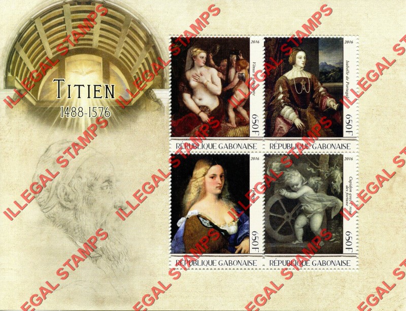 Gabon 2016 Paintings by Titian Illegal Stamp Souvenir Sheet of 4 Gabon 2016 Paintings by Titian Illegal Stamp Souvenir Sheet of 4