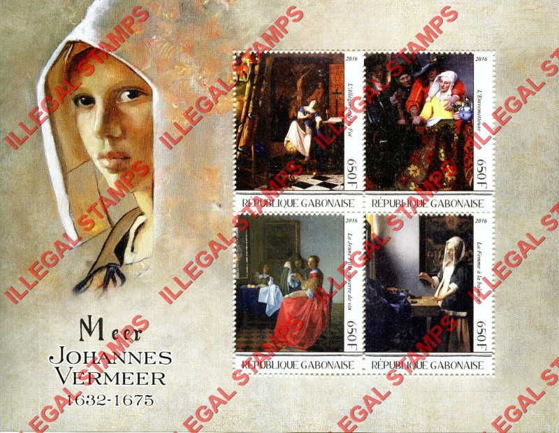 Gabon 2016 Paintings by Vermeer Illegal Stamp Souvenir Sheet of 4 Gabon 2016 Paintings by Vermeer Illegal Stamp Souvenir Sheet of 4