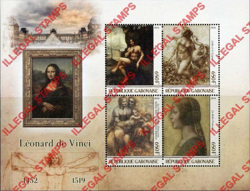 Gabon 2016 Paintings by Leonardo de Vinci Illegal Stamp Souvenir Sheet of 4 Gabon 2016 Paintings by Leonardo de Vinci Illegal Stamp Souvenir Sheet of 4