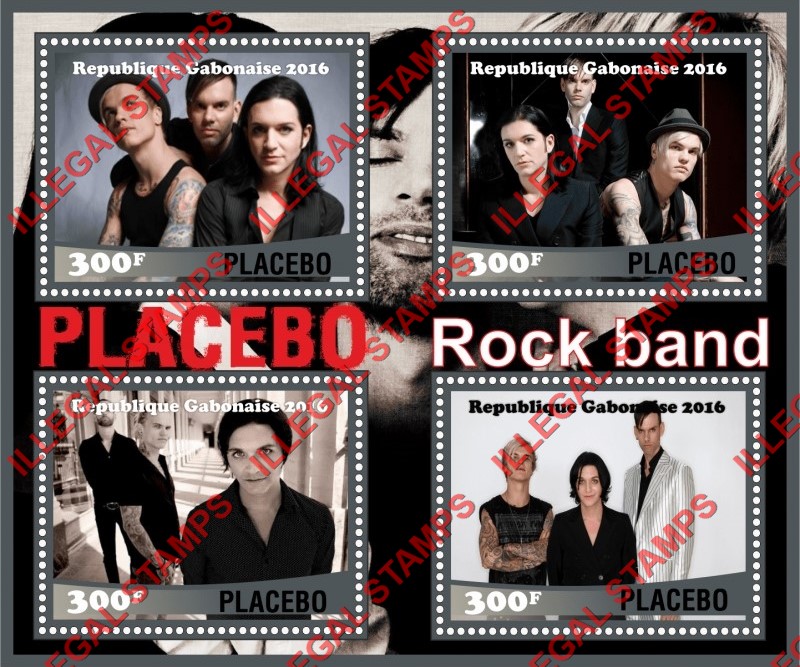 Gabon 2016 Placebo Rock Band Illegal Stamp Souvenir Sheet of 4 Gabon 2016 Placebo Rock Band Illegal Stamp Souvenir Sheet of 4