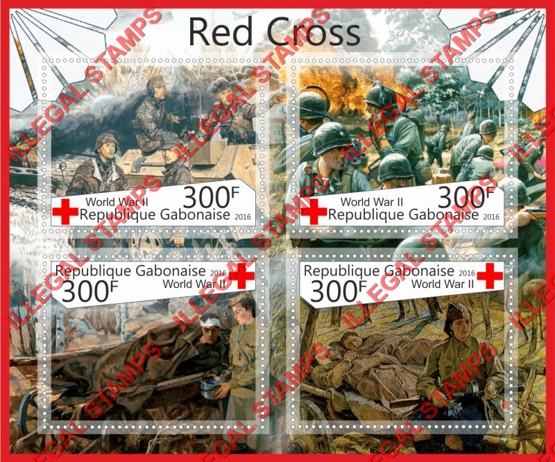 Gabon 2016 Red Cross World War II Illegal Stamp Souvenir Sheet of 4 Gabon 2016 Red Cross World War II Illegal Stamp Souvenir Sheet of 4