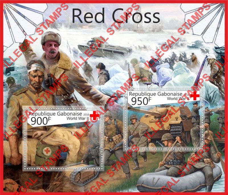 Gabon 2016 Red Cross World War II Illegal Stamp Souvenir Sheet of 2 Gabon 2016 Red Cross World War II Illegal Stamp Souvenir Sheet of 2