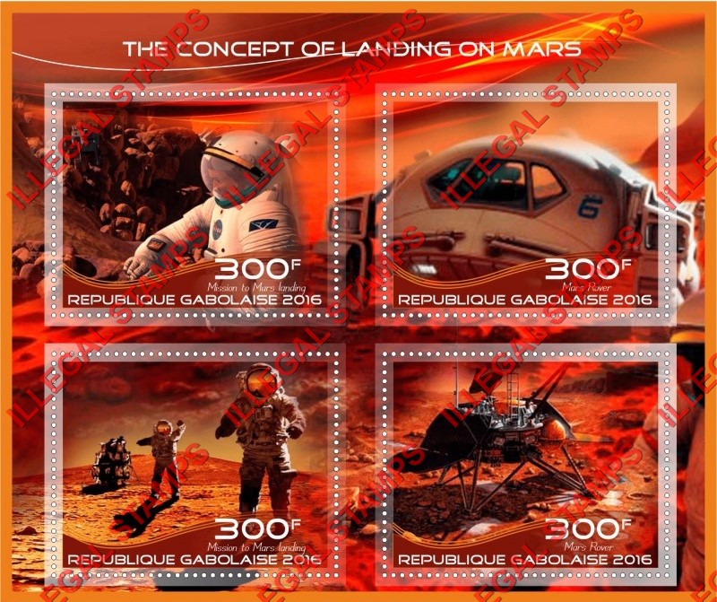 Gabon 2016 Space The Concept of Landing on Mars Illegal Stamp Souvenir Sheet of 4 Gabon 2016 Space The Concept of Landing on Mars Illegal Stamp Souvenir Sheet of 4