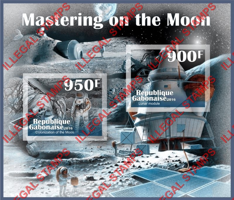 Gabon 2016 Space Mastering on the Moon Illegal Stamp Souvenir Sheet of 2 Gabon 2016 Space Mastering on the Moon Illegal Stamp Souvenir Sheet of 2