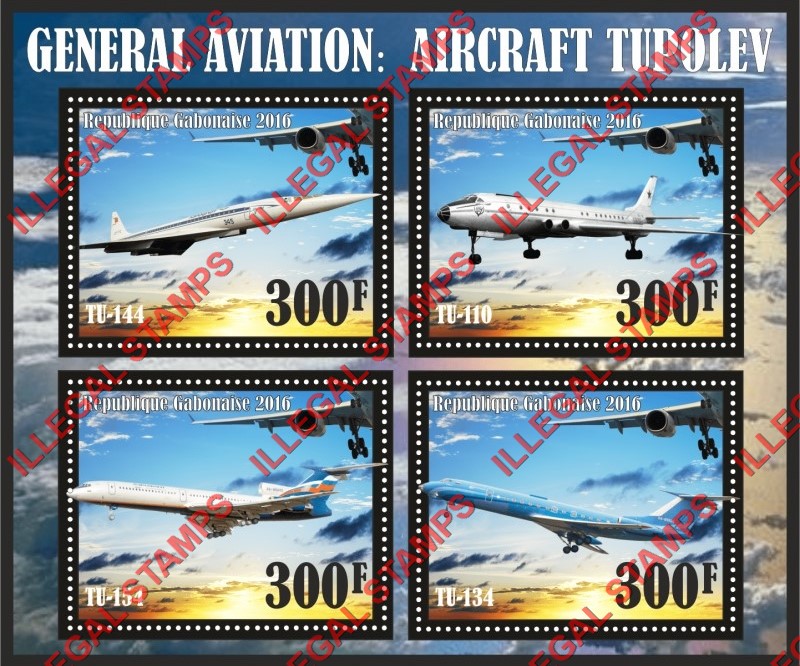 Gabon 2016 Tupolev Aircraft (different) Illegal Stamp Souvenir Sheet of 4 Gabon 2016 Tupolev Aircraft (different) Illegal Stamp Souvenir Sheet of 4