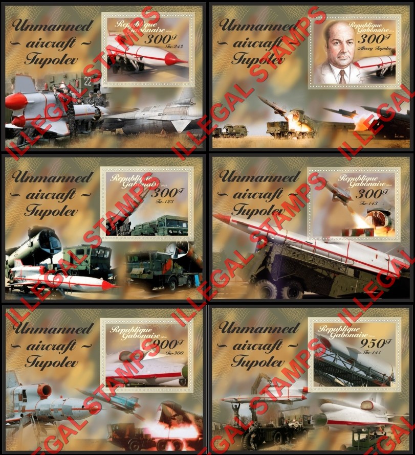 Gabon 2016 Tupolev Unmanned Aircraft Illegal Stamp Souvenir Sheets of 1 Gabon 2016 Tupolev Unmanned Aircraft Illegal Stamp Souvenir Sheets of 1