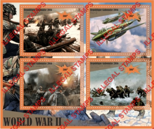 Gabon 2016 World War II (different a) Illegal Stamp Souvenir Sheet of 4 Gabon 2016 World War II (different a) Illegal Stamp Souvenir Sheet of 4