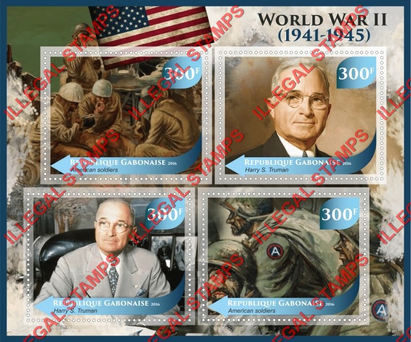 Gabon 2016 World War II (different) Illegal Stamp Souvenir Sheet of 4 Gabon 2016 World War II (different) Illegal Stamp Souvenir Sheet of 4