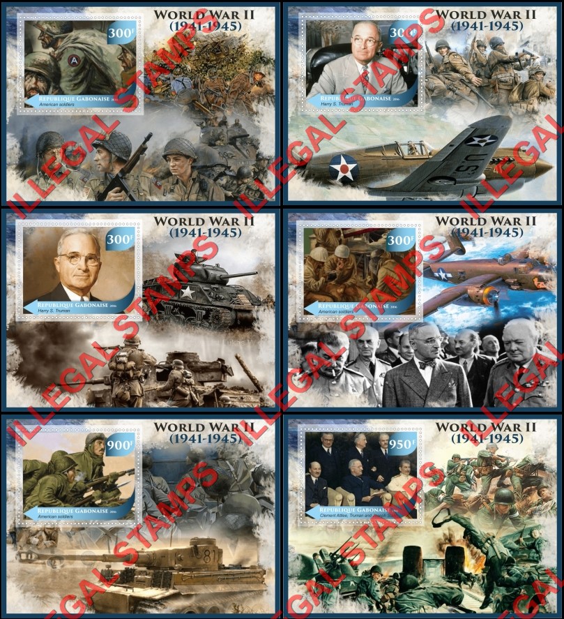 Gabon 2016 World War II (different) Illegal Stamp Souvenir Sheets of 1 Gabon 2016 World War II (different) Illegal Stamp Souvenir Sheets of 1