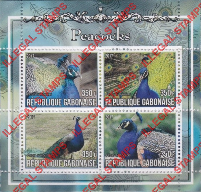 Gabon 2017 Birds Peacocks Illegal Stamp Souvenir Sheet of 4 Gabon 2017 Birds Peacocks Illegal Stamp Souvenir Sheet of 4
