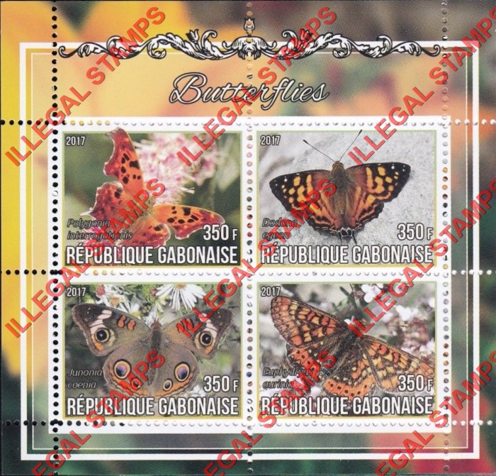 Gabon 2017 Butterflies Illegal Stamp Souvenir Sheet of 4 Gabon 2017 Butterflies Illegal Stamp Souvenir Sheet of 4
