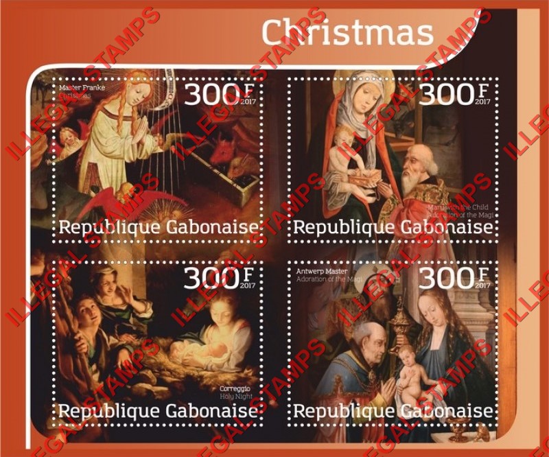 Gabon 2017 Christmas Paintings Illegal Stamp Souvenir Sheet of 4 Gabon 2017 Christmas Paintings Illegal Stamp Souvenir Sheet of 4