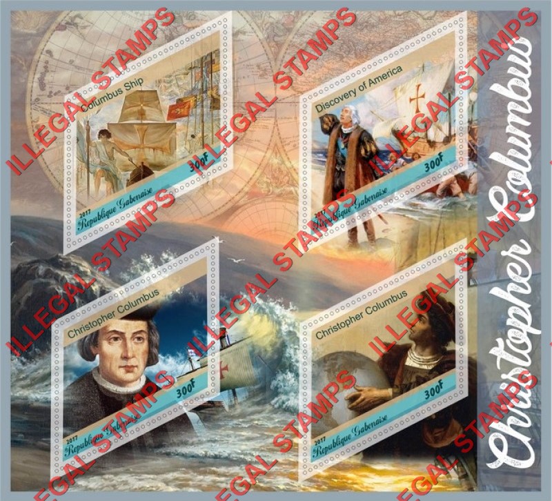 Gabon 2017 Christopher Columbus Illegal Stamp Souvenir Sheet of 4 Gabon 2017 Christopher Columbus Illegal Stamp Souvenir Sheet of 4