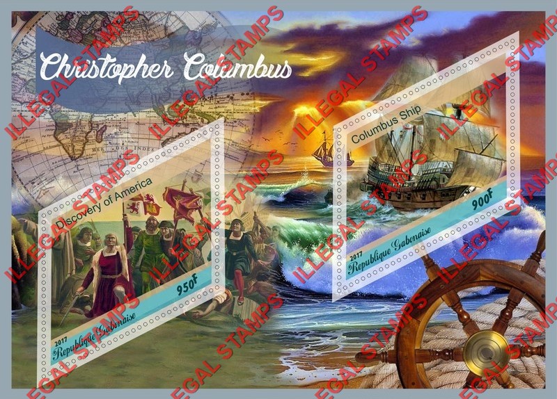 Gabon 2017 Christopher Columbus Illegal Stamp Souvenir Sheet of 2 Gabon 2017 Christopher Columbus Illegal Stamp Souvenir Sheet of 2
