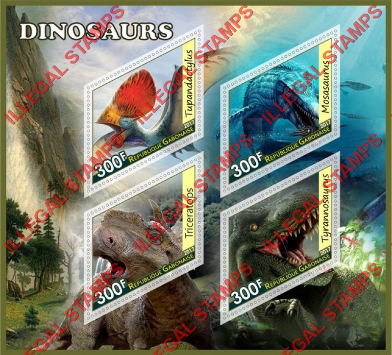 Gabon 2017 Dinosaurs Illegal Stamp Souvenir Sheet of 4 Gabon 2017 Dinosaurs Illegal Stamp Souvenir Sheet of 4
