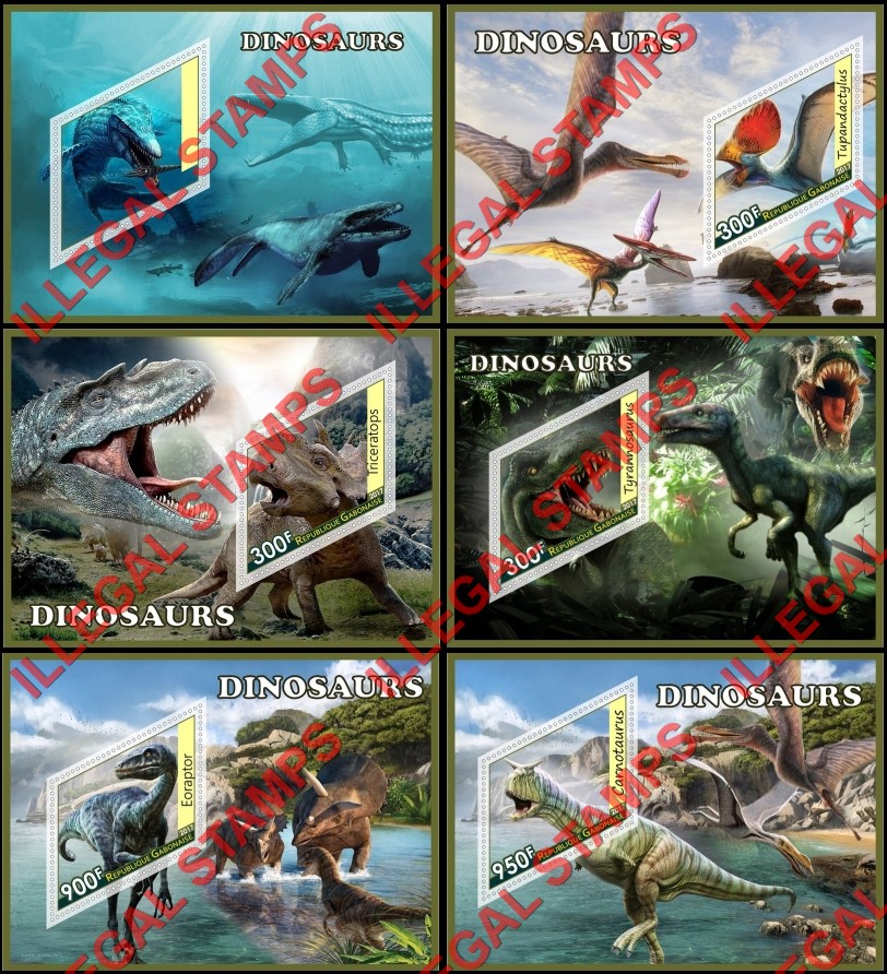 Gabon 2017 Dinosaurs Illegal Stamp Souvenir Sheets of 1 Gabon 2017 Dinosaurs Illegal Stamp Souvenir Sheets of 1