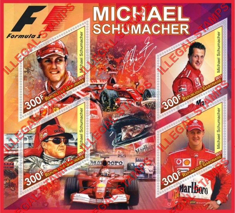 Gabon 2017 Formula I Michael Schumacher Illegal Stamp Souvenir Sheet of 4 Gabon 2017 Formula I Michael Schumacher Illegal Stamp Souvenir Sheet of 4