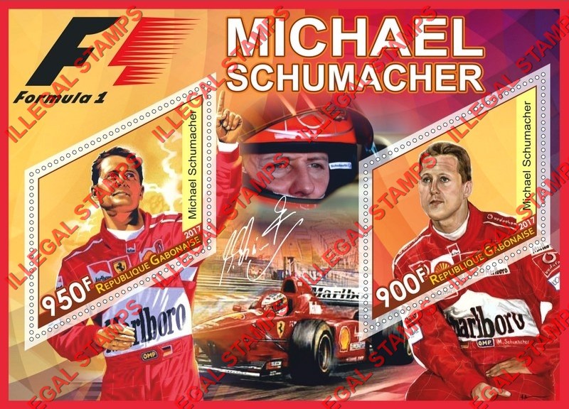Gabon 2017 Formula I Michael Schumacher Illegal Stamp Souvenir Sheet of 2 Gabon 2017 Formula I Michael Schumacher Illegal Stamp Souvenir Sheet of 2