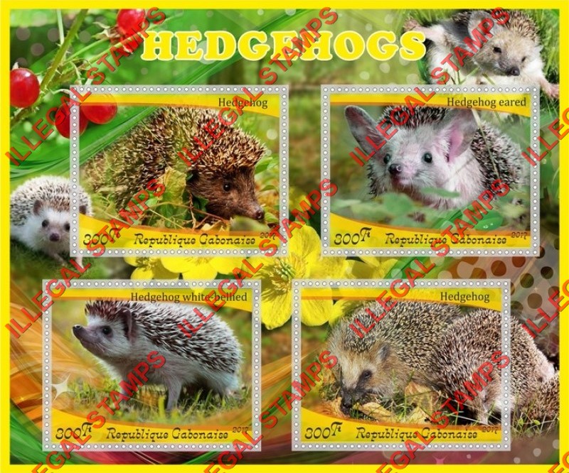 Gabon 2017 Hedgehogs Illegal Stamp Souvenir Sheet of 4 Gabon 2017 Hedgehogs Illegal Stamp Souvenir Sheet of 4