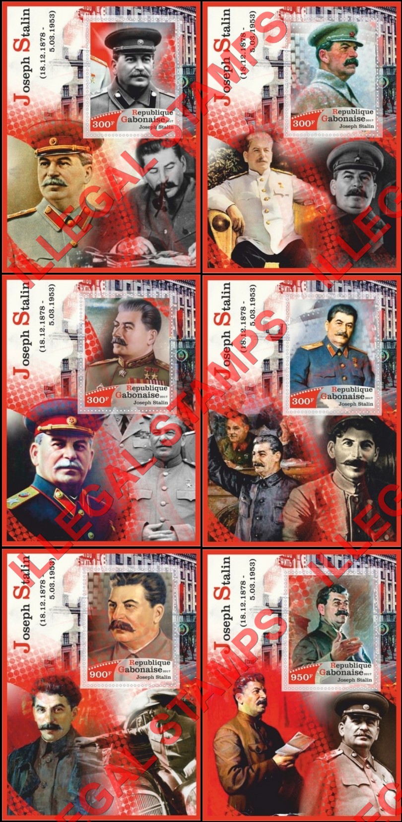 Gabon 2017 Joseph Stalin (different) Illegal Stamp Souvenir Sheets of 1 Gabon 2017 Joseph Stalin (different) Illegal Stamp Souvenir Sheets of 1
