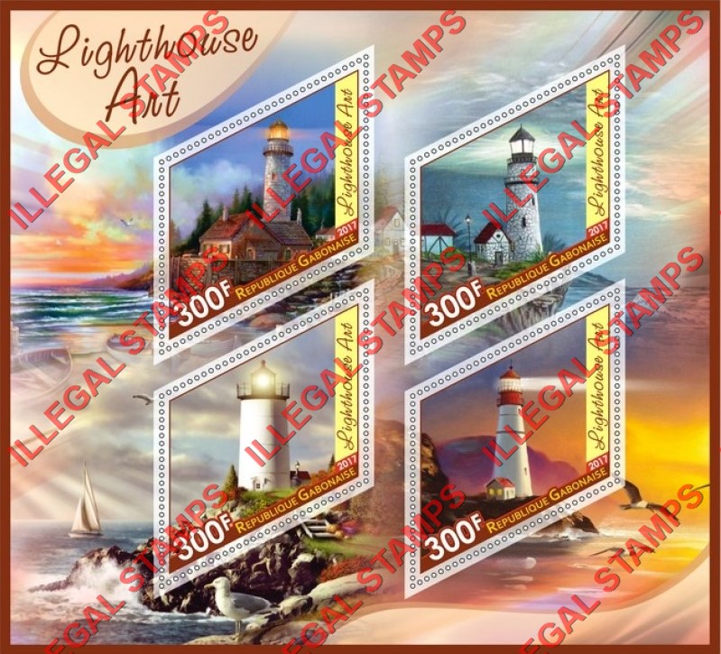 Gabon 2017 Lighthouses Art Illegal Stamp Souvenir Sheet of 4 Gabon 2017 Lighthouses Art Illegal Stamp Souvenir Sheet of 4