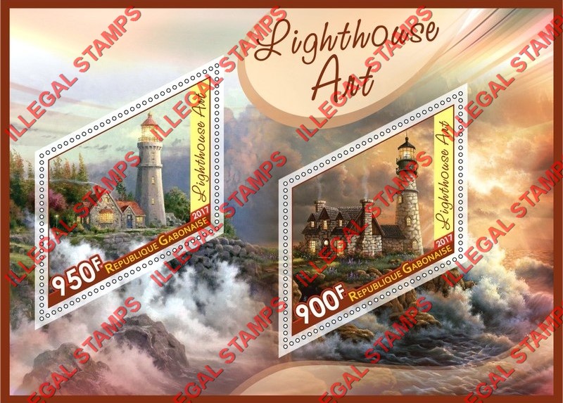 Gabon 2017 Lighthouses Art Illegal Stamp Souvenir Sheet of 2 Gabon 2017 Lighthouses Art Illegal Stamp Souvenir Sheet of 2