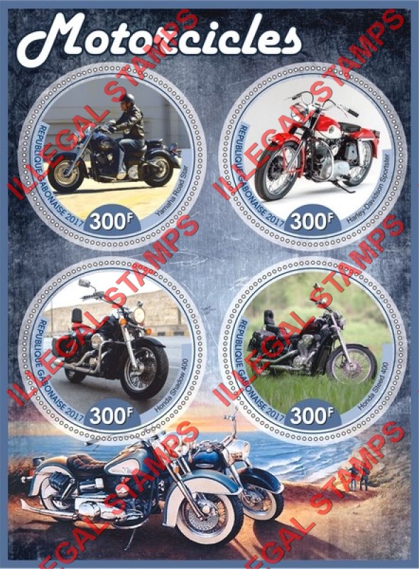 Gabon 2017 Motorcycles (different) Illegal Stamp Souvenir Sheet of 4 Gabon 2017 Motorcycles (different) Illegal Stamp Souvenir Sheet of 4