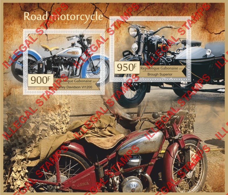 Gabon 2017 Motorcycles Illegal Stamp Souvenir Sheet of 2 Gabon 2017 Motorcycles Illegal Stamp Souvenir Sheet of 2