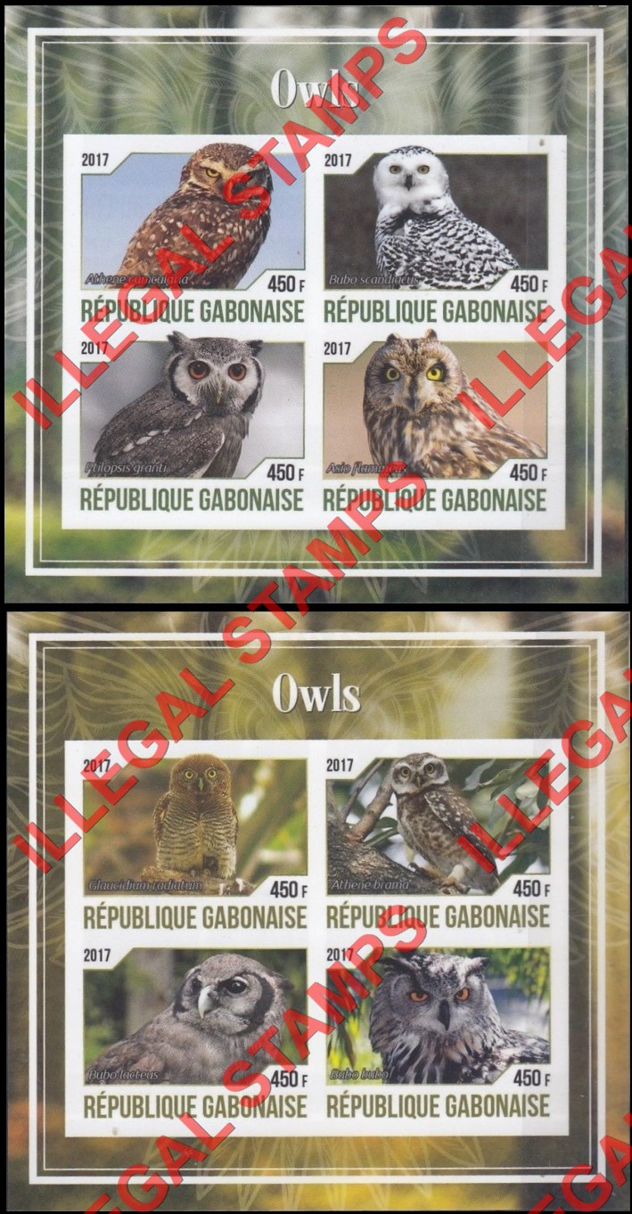 Gabon 2017 Owls Illegal Stamp Souvenir Sheets of 4 Gabon 2017 Owls Illegal Stamp Souvenir Sheets of 4