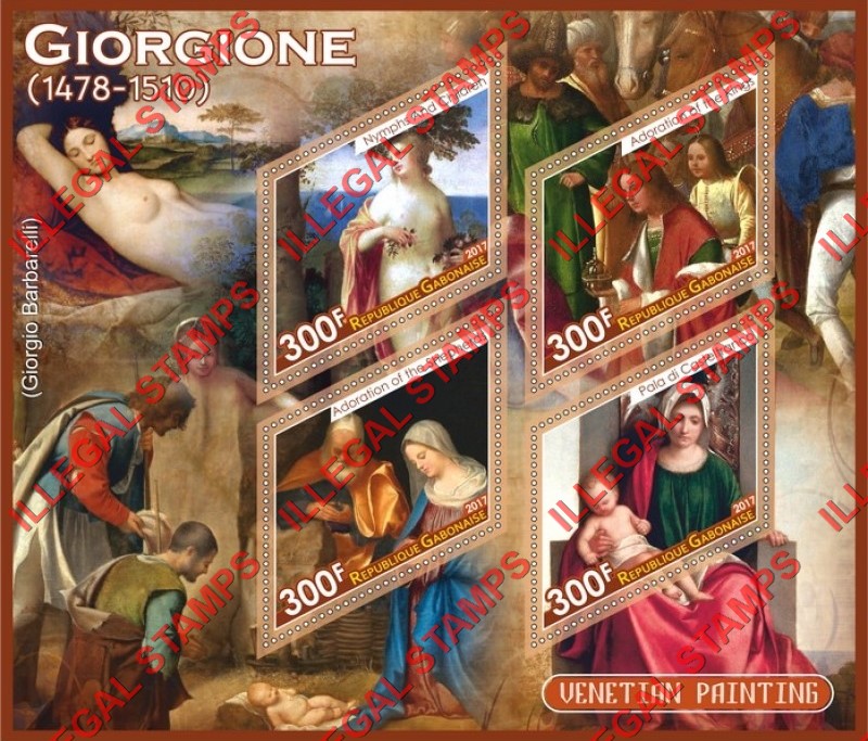 Gabon 2017 Paintings Venetian Painting by Giorgione Illegal Stamp Souvenir Sheet of 4 Gabon 2017 Paintings Venetian Painting by Giorgione Illegal Stamp Souvenir Sheet of 4