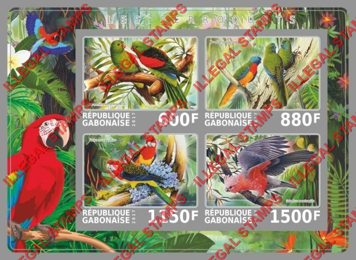 Gabon 2017 Parrots Illegal Stamp Souvenir Sheet of 4 Gabon 2017 Parrots Illegal Stamp Souvenir Sheet of 4