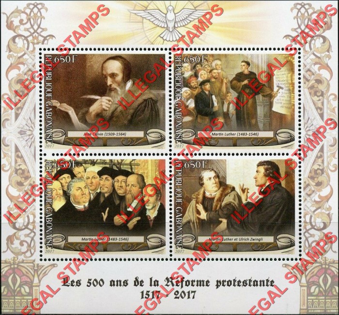 Gabon 2017 Protestant Reformation Illegal Stamp Souvenir Sheet of 4 Gabon 2017 Protestant Reformation Illegal Stamp Souvenir Sheet of 4