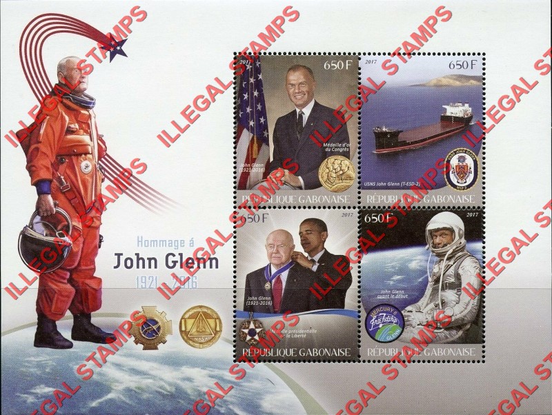 Gabon 2017 Space John Glenn Illegal Stamp Souvenir Sheet of 4 Gabon 2017 Space John Glenn Illegal Stamp Souvenir Sheet of 4