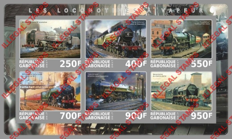 Gabon 2017 Steam Locomotives Illegal Stamp Souvenir Sheet of 6 Gabon 2017 Steam Locomotives Illegal Stamp Souvenir Sheet of 6