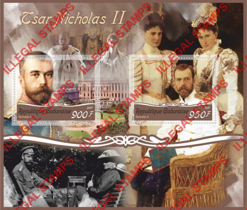 Gabon 2017 Tsar Nicholas II Illegal Stamp Souvenir Sheet of 2 Gabon 2017 Tsar Nicholas II Illegal Stamp Souvenir Sheet of 2