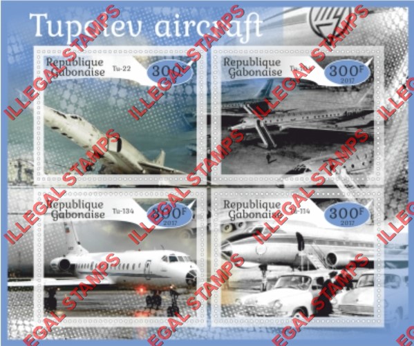 Gabon 2017 Tupolev Aircraft Illegal Stamp Souvenir Sheet of 4 Gabon 2017 Tupolev Aircraft Illegal Stamp Souvenir Sheet of 4